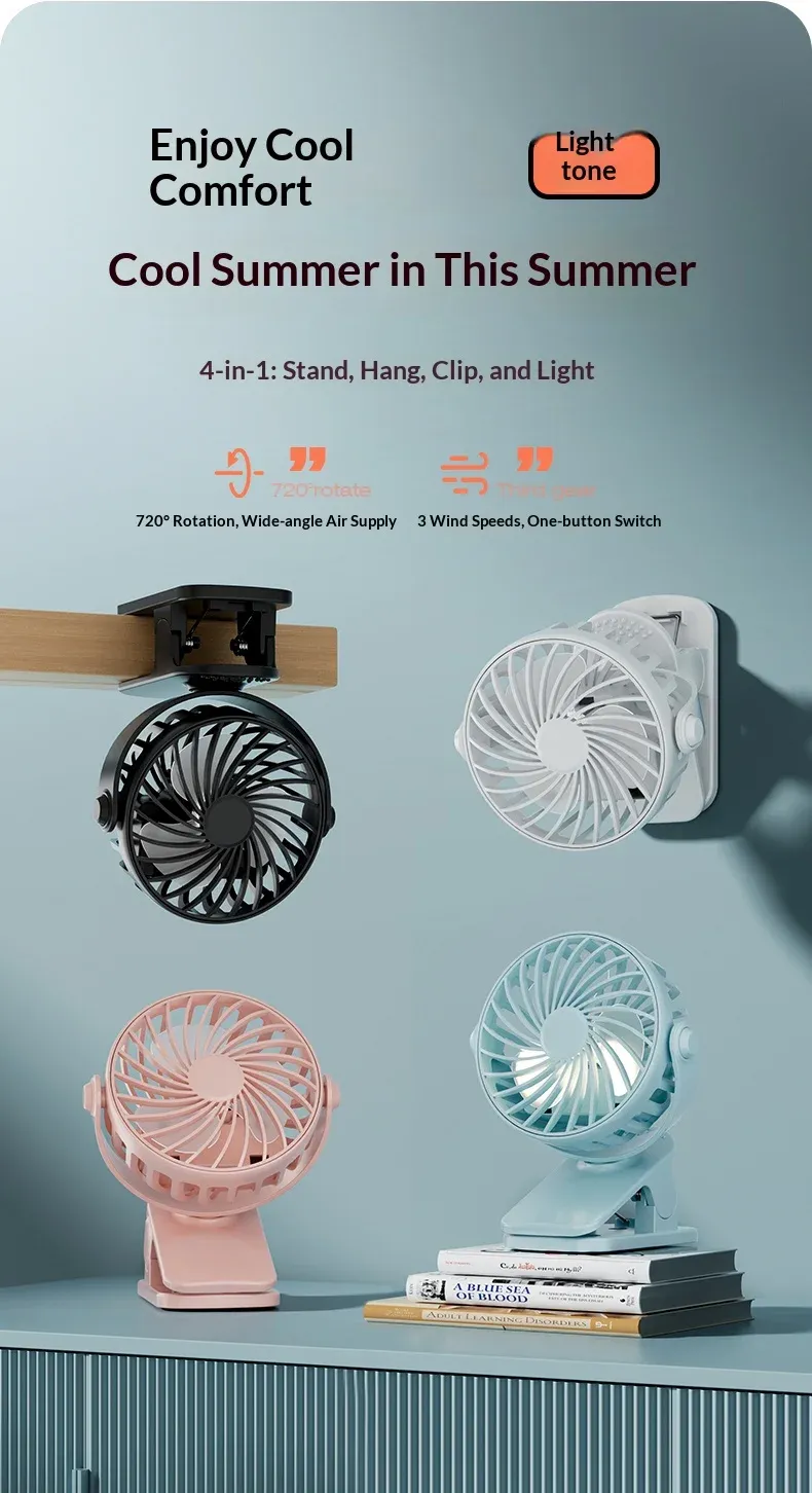 HOMEFISH Portable Rechargeable Clip Fan with 720° Rotation, Night Light, USB Charging - Ideal for Outdoor Camping, Office, Study showcase 4