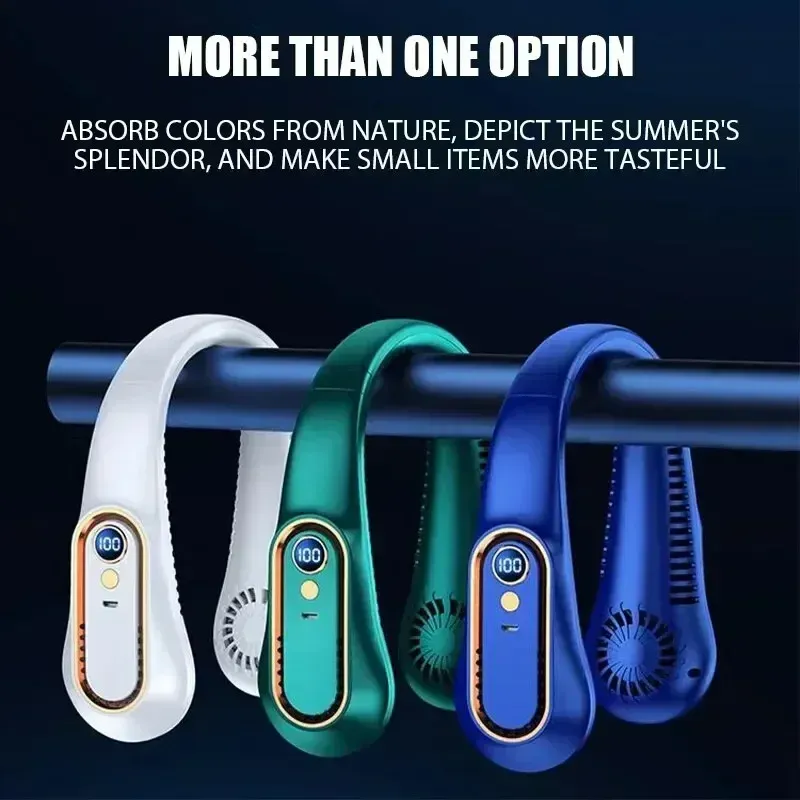 Portable Bladeless Hanging Neck Fan with 5-Speed USB Rechargeable Air Cooler and LED Display for Summer Comfort showcase 1