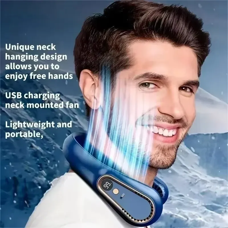 Portable Bladeless Hanging Neck Fan with 5-Speed USB Rechargeable Air Cooler and LED Display for Summer Comfort thumbnail 6