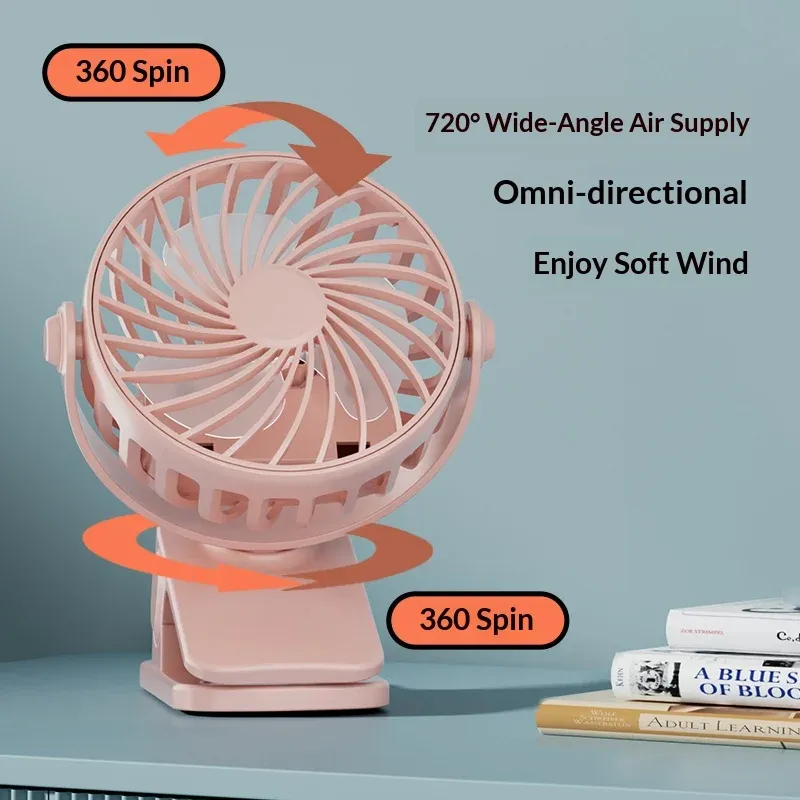 HOMEFISH Portable Rechargeable Clip Fan with 720° Rotation, Night Light, 3-Speed USB Air Cooler for Outdoor Camping, Office, Study - Black/Pink/Blue thumbnail 5