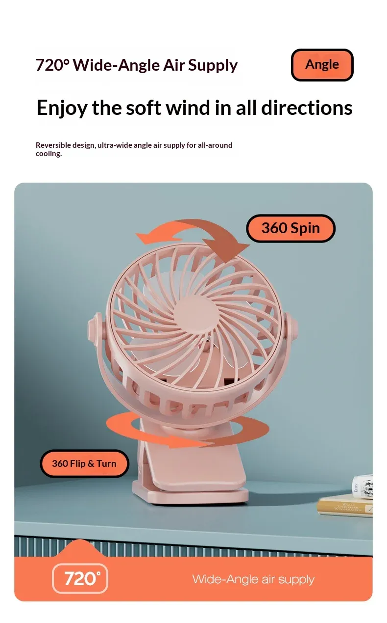 HOMEFISH Portable Rechargeable Clip Fan with 720° Rotation, Night Light, 3-Speed USB Air Cooler for Outdoor Camping, Office, Study - Black/Pink/Blue showcase 13