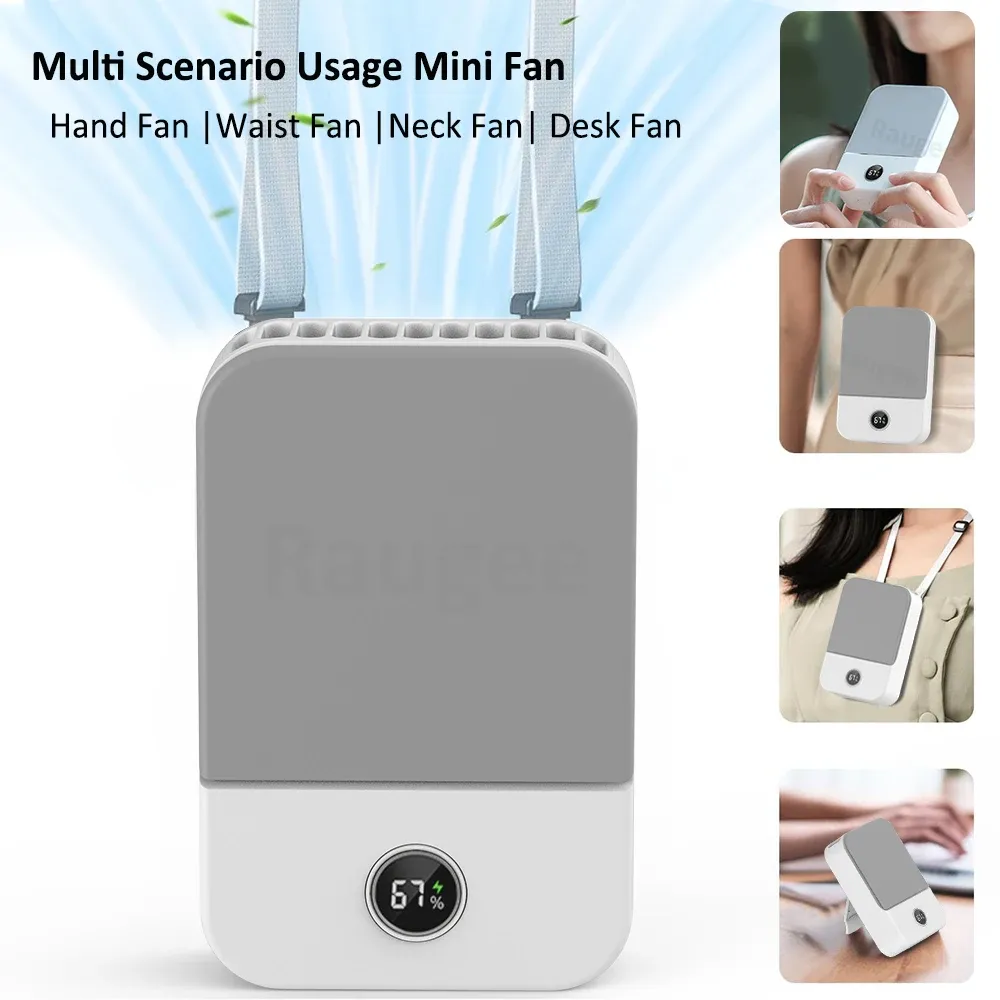 Portable Waist Fan with Lanyard - 3-Speed Bladeless Neck Fan, USB Rechargeable 2000mAh, LED Display for Outdoor Cooling thumbnail 3