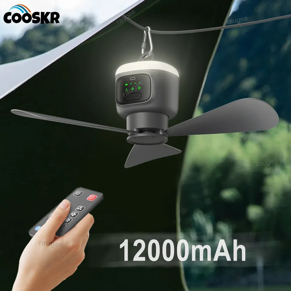 12000mAh Rechargeable Portable Ceiling Fan with LED Light & Remote - 450mm Blades for Camping, Tents, Home Use - 30H Battery Life, Auto-Stop Safety Feature