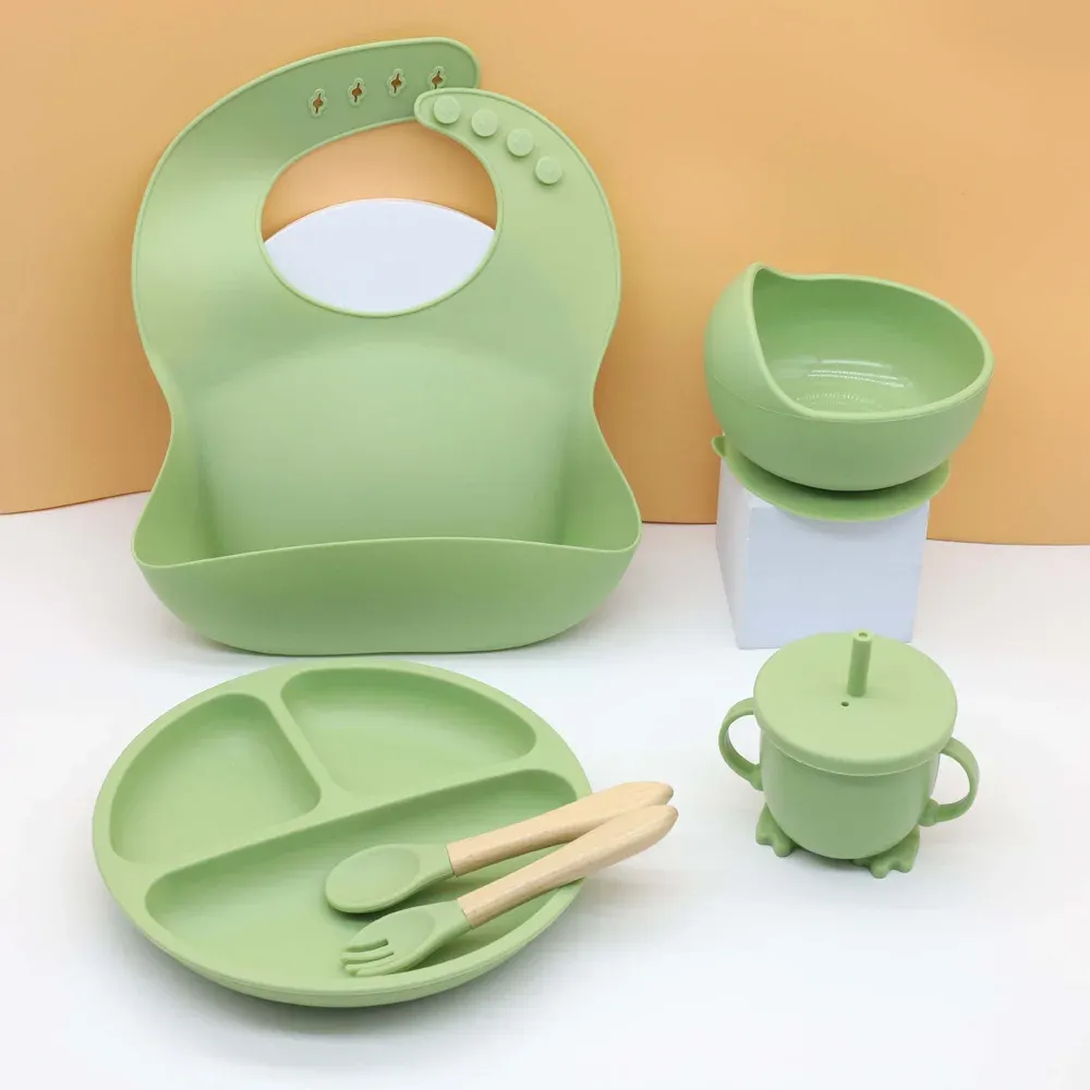6-Piece Baby Tableware Set with Bib, Bowl, Plate, Cup, Wooden Handle Spoon & Fork - Safe & Durable for Infants and Toddlers thumbnail 1