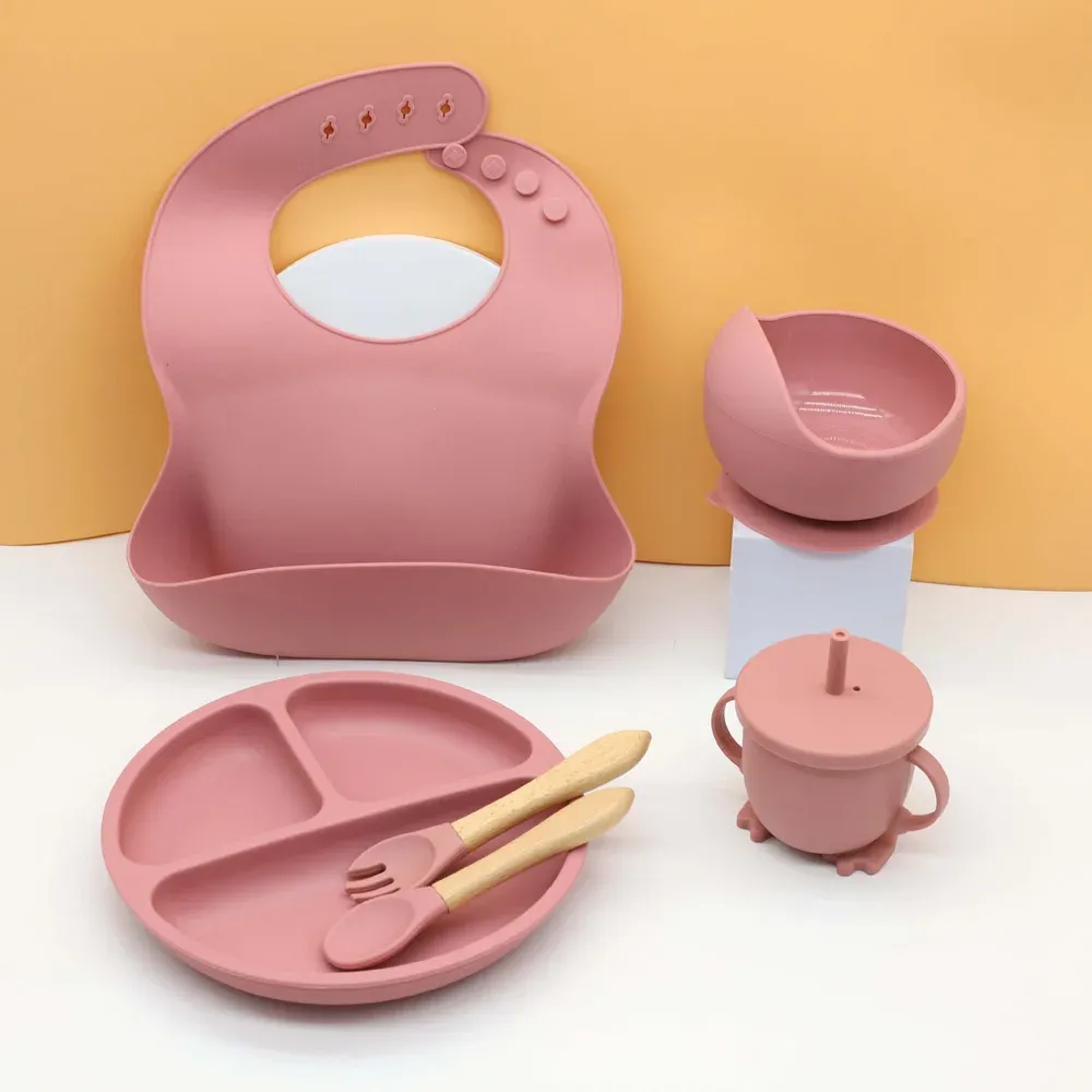 6-Piece Baby Tableware Set with Bib, Bowl, Plate, Cup, Wooden Handle Spoon & Fork - Safe & Durable for Infants and Toddlers showcase 2