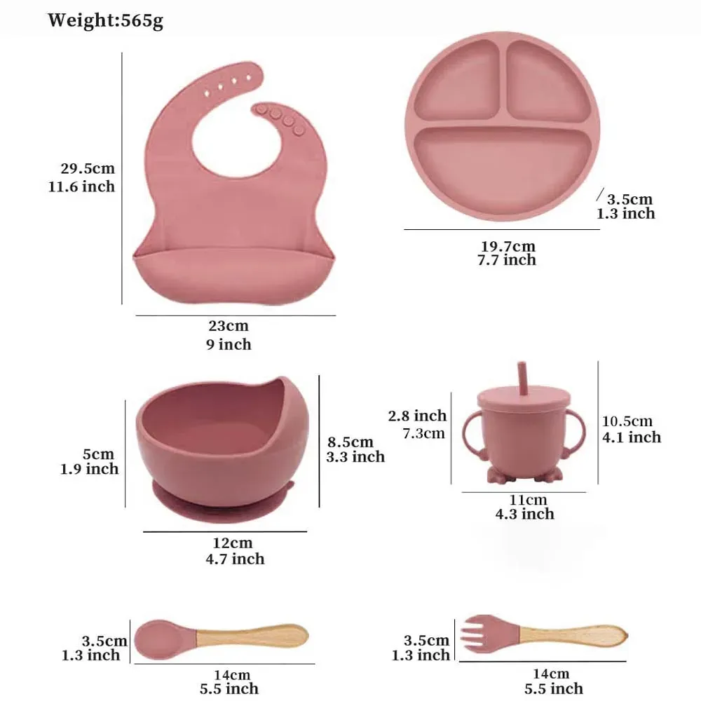6-Piece Baby Tableware Set with Bib, Bowl, Plate, Cup, Wooden Handle Spoon & Fork - Safe & Durable for Infants and Toddlers showcase 1