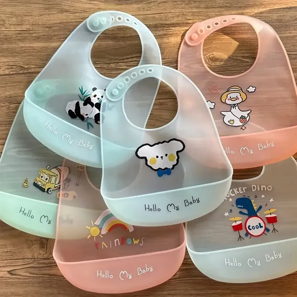 Waterproof Silicone Baby Bibs with Cute Cartoon Animal Print - Adjustable Soft Bib for Girls and Boys, Easy Clean Feeding Bib for Baby Essentials showcase 1