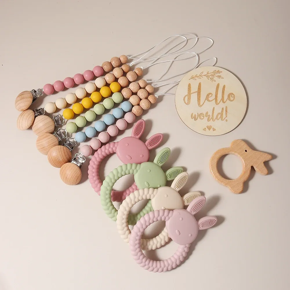 Newborn Baby Gift Set: Silicone Bunny Teether, Wooden Rattle, Pacifier Clip & Milestone Cards - Perfect Photography Prop & Baby Shower Present thumbnail 2