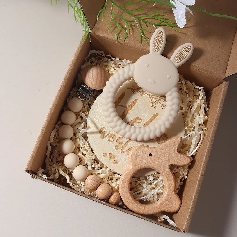 Newborn Baby Gift Set: Silicone Bunny Teether, Wooden Rattle, Pacifier Clip & Milestone Cards - Perfect Photography Prop & Baby Shower Present thumbnail 1