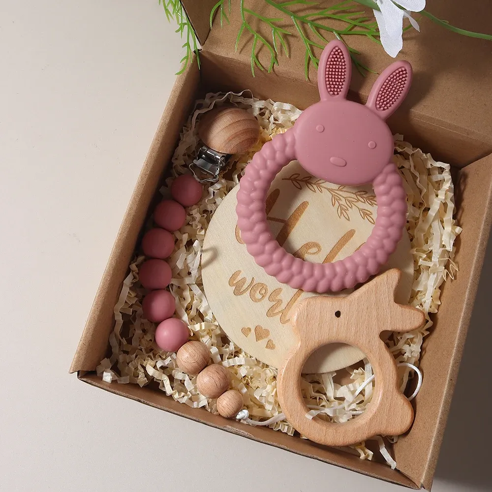Newborn Baby Gift Set: Silicone Bunny Teether, Wooden Rattle, Pacifier Clip & Milestone Cards - Perfect Photography Prop & Baby Shower Present showcase 6