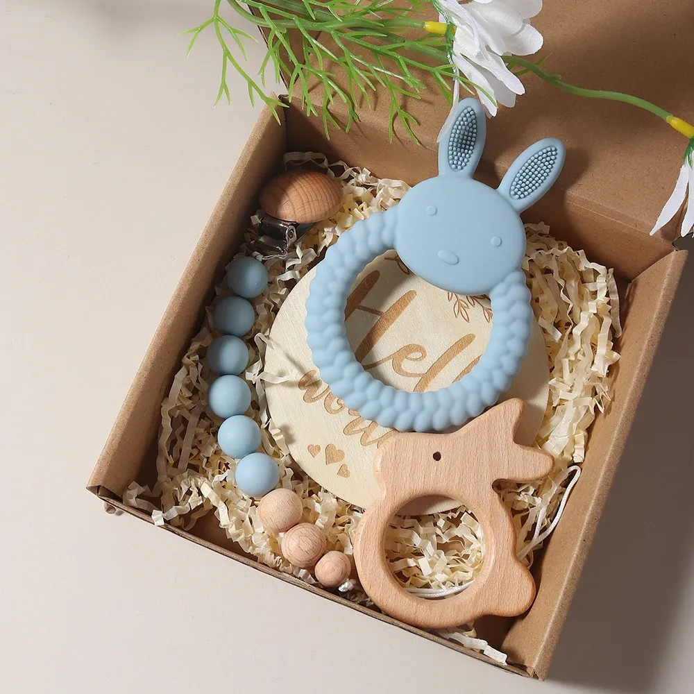 Newborn Baby Gift Set: Silicone Bunny Teether, Wooden Rattle, Pacifier Clip & Milestone Cards - Perfect Photography Prop & Baby Shower Present showcase 3
