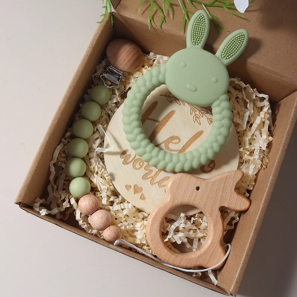 Newborn Baby Gift Set: Silicone Bunny Teether, Wooden Rattle, Pacifier Clip & Milestone Cards - Perfect Photography Prop & Baby Shower Present thumbnail 6