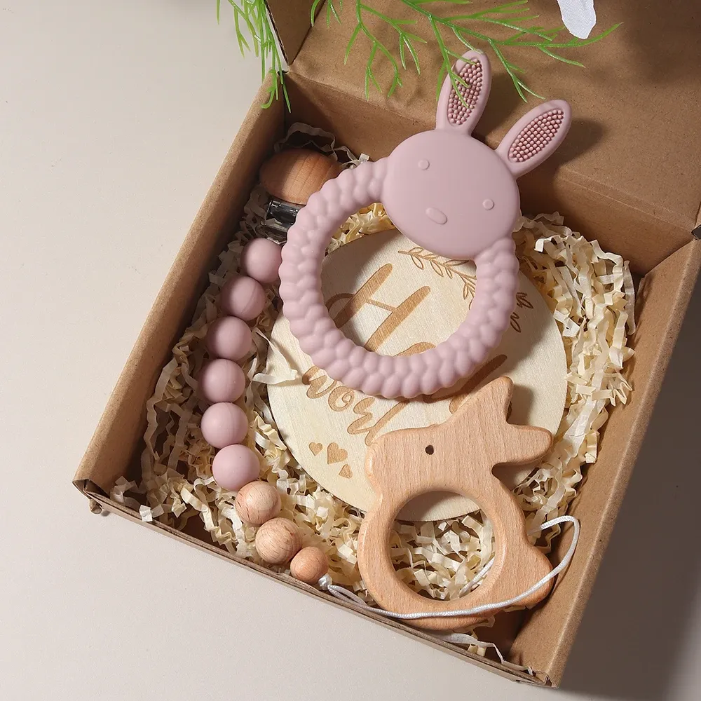 Newborn Baby Gift Set: Silicone Bunny Teether, Wooden Rattle, Pacifier Clip & Milestone Cards - Perfect Photography Prop & Baby Shower Present showcase 5