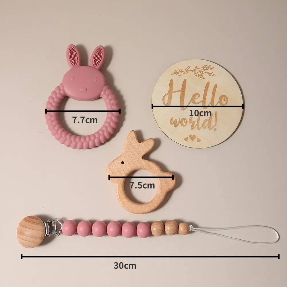 Newborn Baby Gift Set: Silicone Bunny Teether, Wooden Rattle, Pacifier Clip & Milestone Cards - Perfect Photography Prop & Baby Shower Present showcase 9