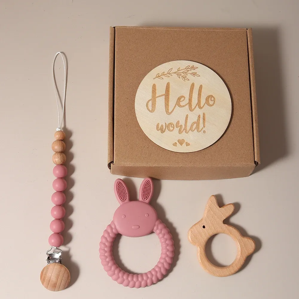 Newborn Baby Gift Set: Silicone Bunny Teether, Wooden Rattle, Pacifier Clip & Milestone Cards - Perfect Photography Prop & Baby Shower Present showcase 8