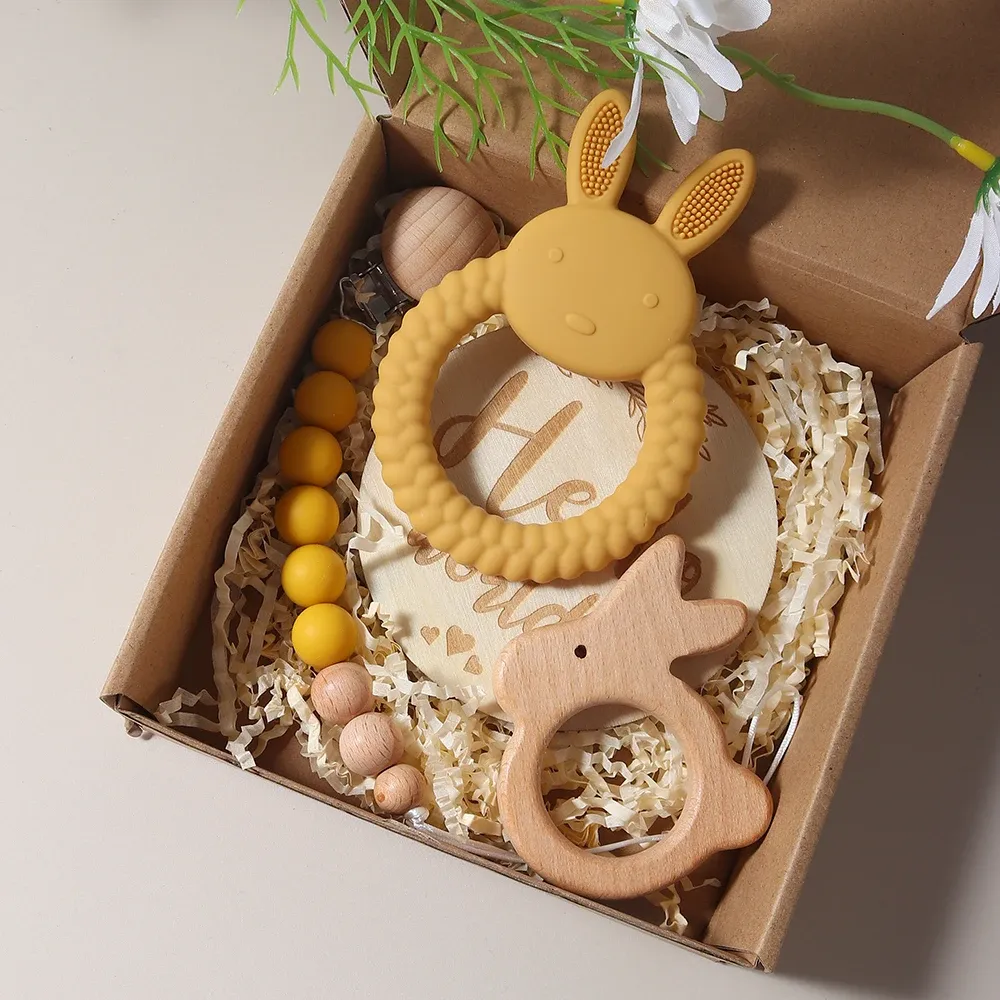 Newborn Baby Gift Set: Silicone Bunny Teether, Wooden Rattle, Pacifier Clip & Milestone Cards - Perfect Photography Prop & Baby Shower Present showcase 4