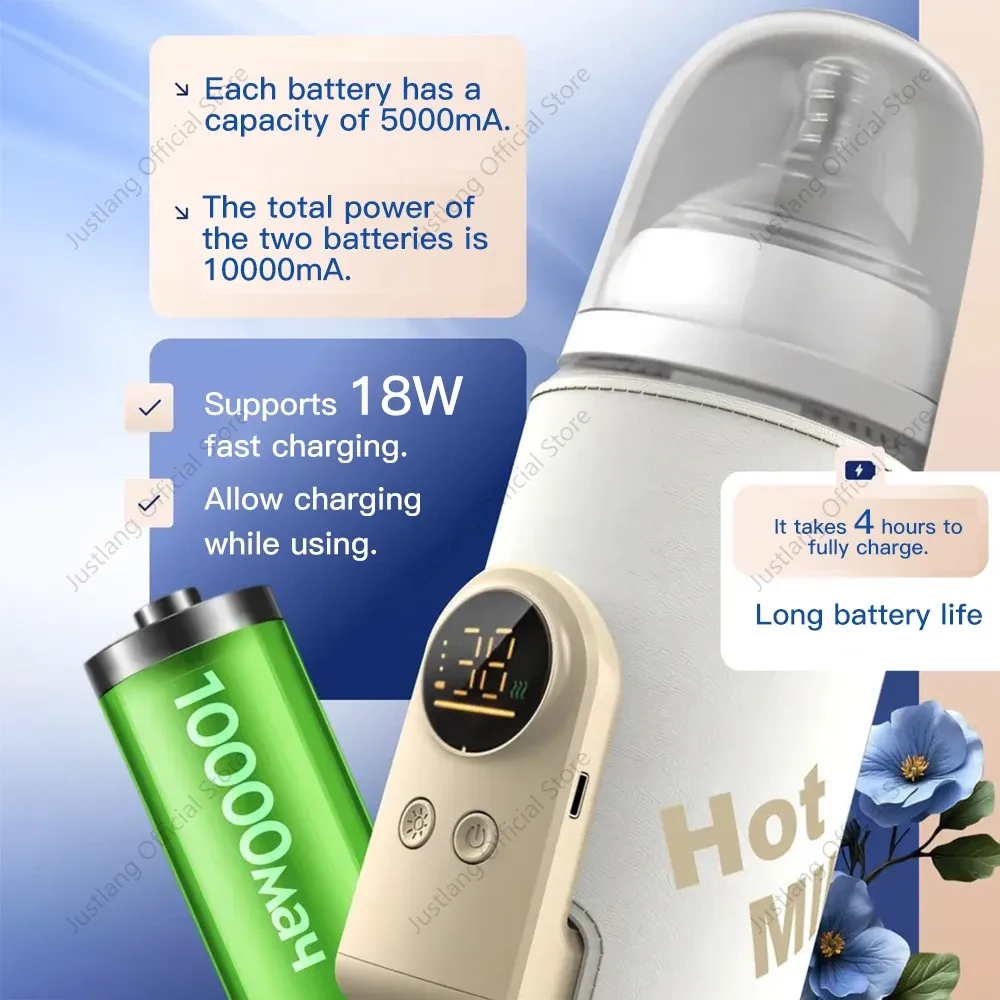 JUSTLANG 10000mAh Portable Baby Bottle Warmer, 5 Heat Levels, Multifunction Breast Milk Warmer, Accurate Temperature Control for On-the-Go Feeding showcase 3