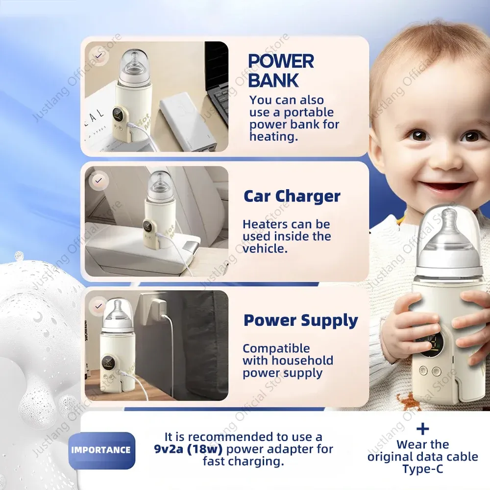 JUSTLANG 10000mAh Portable Baby Bottle Warmer, 5 Heat Levels, Multifunction Breast Milk Warmer, Accurate Temperature Control for On-the-Go Feeding showcase 7