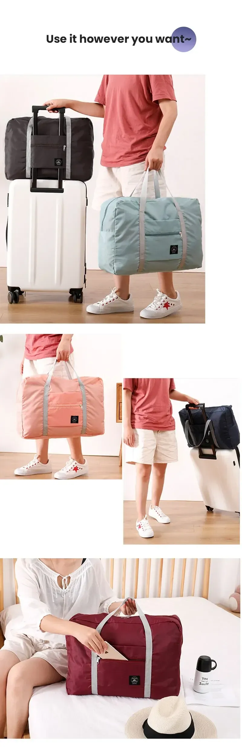 Foldable Travel Duffel Bag - Lightweight Large Capacity Carry-On for Women & Girls, Spill-Resistant Sports Weekender Overnight Bag, Airline Approved Personal Item showcase 4