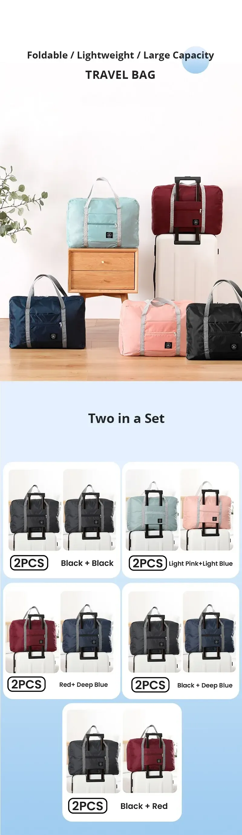 2 Pack Foldable Travel Duffel Bag - Spill-Resistant Carry-On Weekender Overnight Tote for Men & Women, Perfect for Gym, Travel, Hospital Stays showcase 1