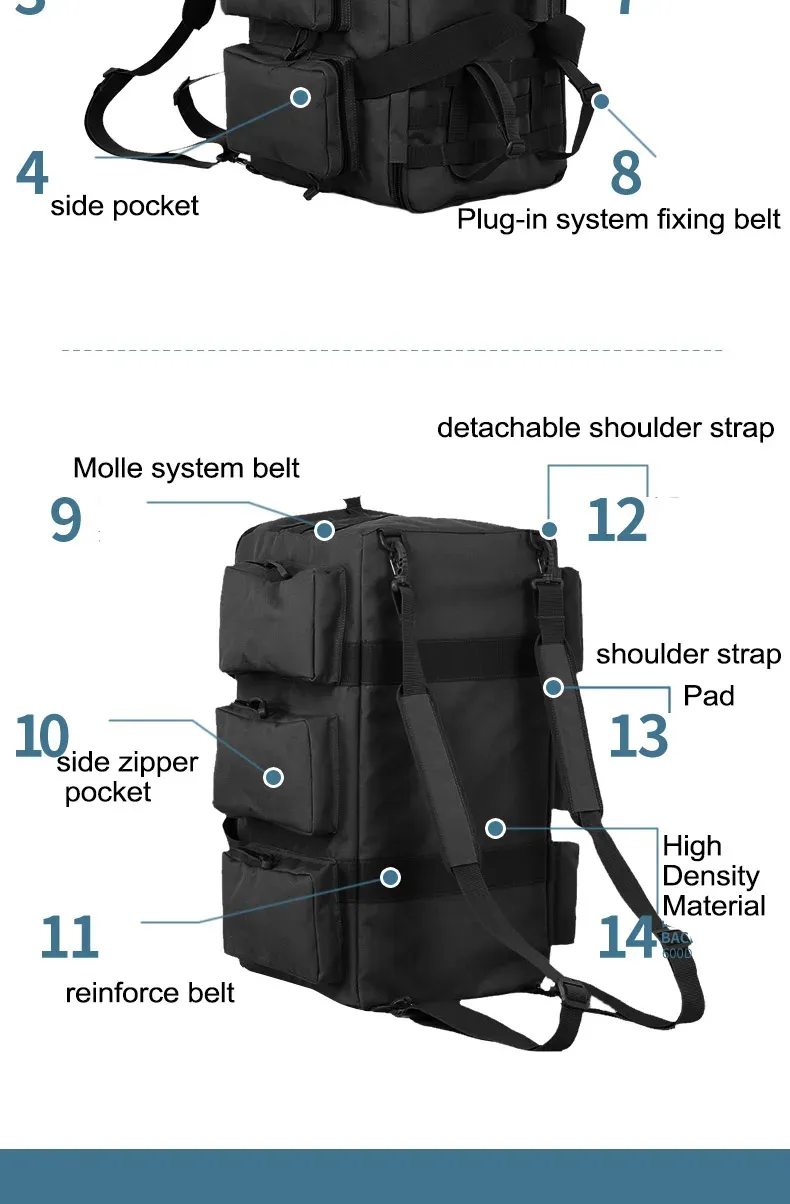 55L Large Tactical Duffel Bag Backpack for Men - Molle System Hiking Camping Travel Gym Weekend Duffle with Adjustable Shoulder Strap showcase 6