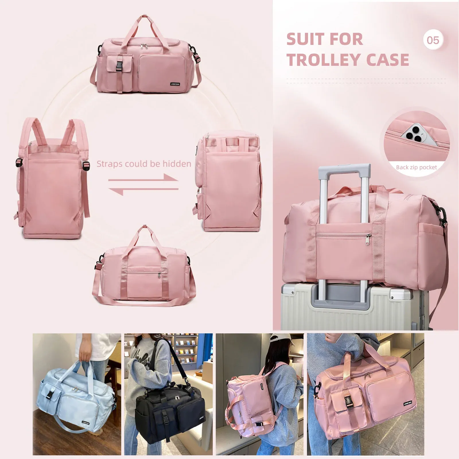 Women's Sports Gym Bag - Large Travel Duffel with Wet/Dry Separation, Shoe Pocket, and Detachable Shoulder Strap for Fitness, Swimming, and Weekends thumbnail 4