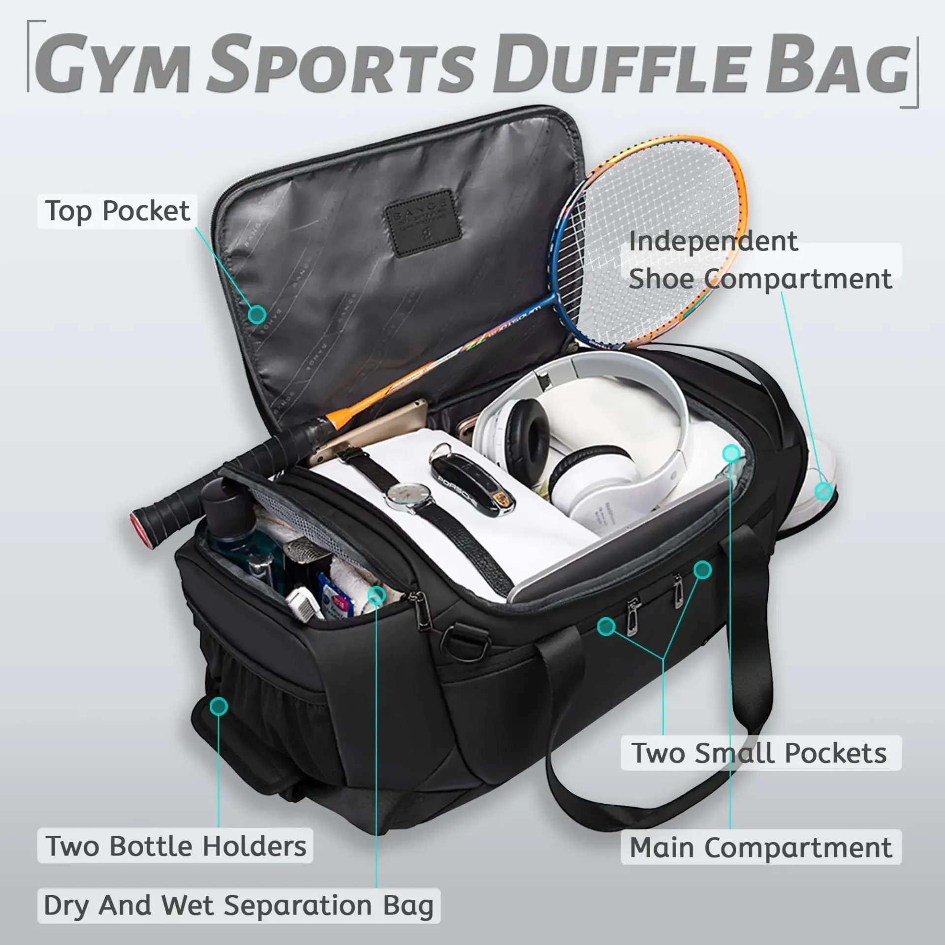 BANGE Waterproof Sports Duffel Bag 21 Inch with Shoe Compartment, Wet/Dry Pocket - Ideal Travel & Gym Bag for Men thumbnail 6