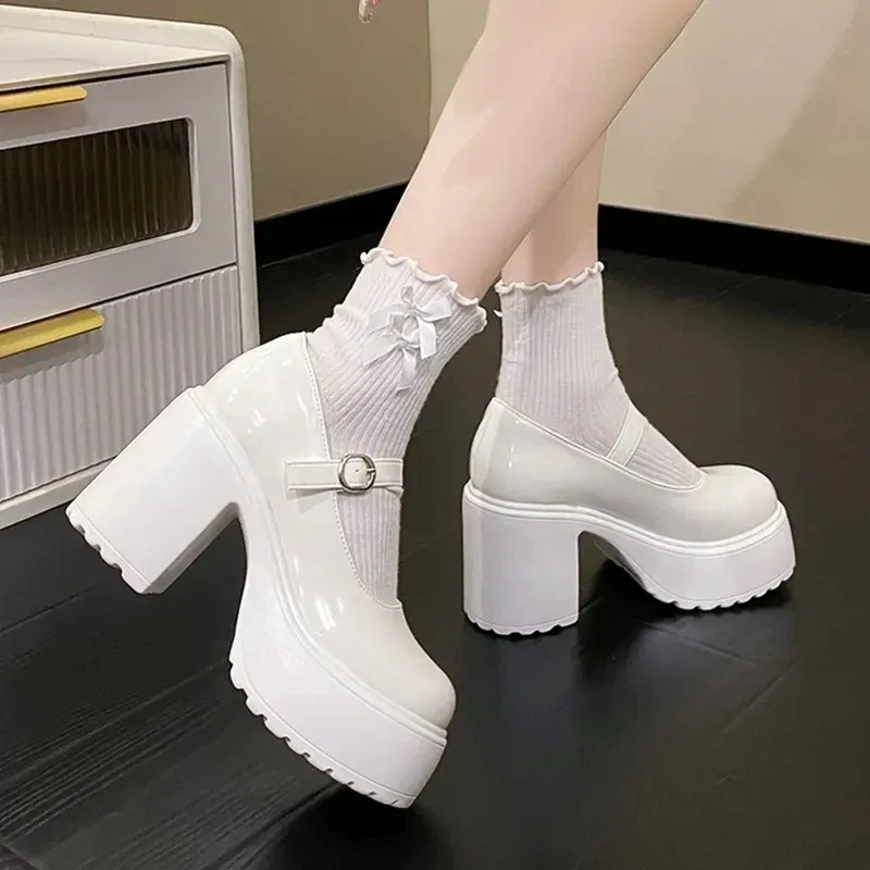 Black Chunky Platform Mary Jane Heels for Women - Gothic Lolita Ankle Buckle Pumps, Plus Size Party Shoes thumbnail 2
