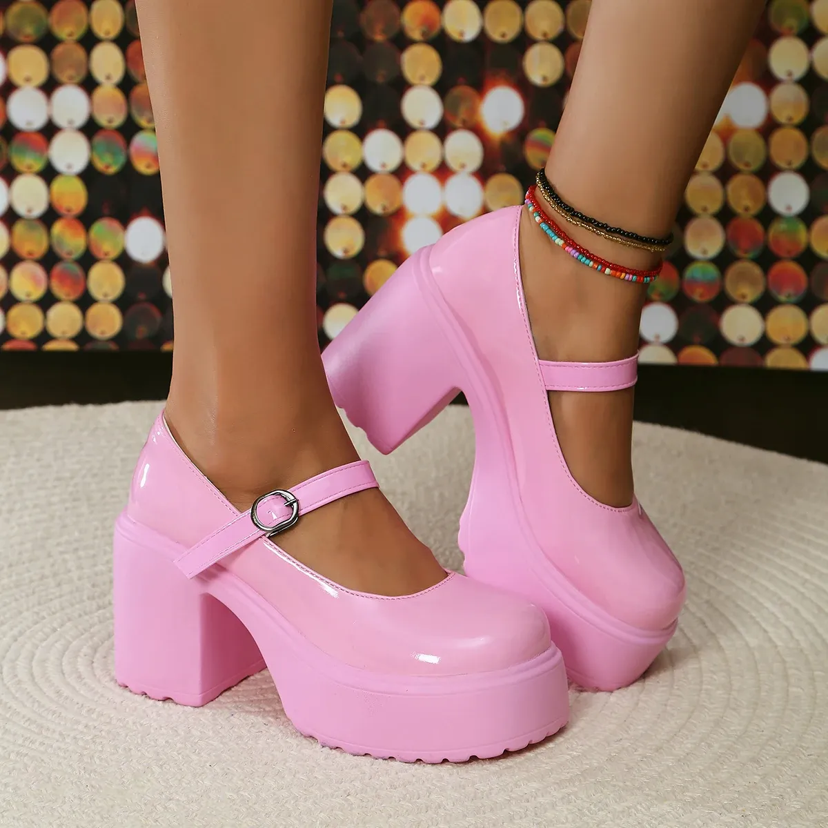 Black Chunky Platform Mary Jane Heels for Women - Gothic Lolita Ankle Buckle Pumps, Plus Size Party Shoes thumbnail 3