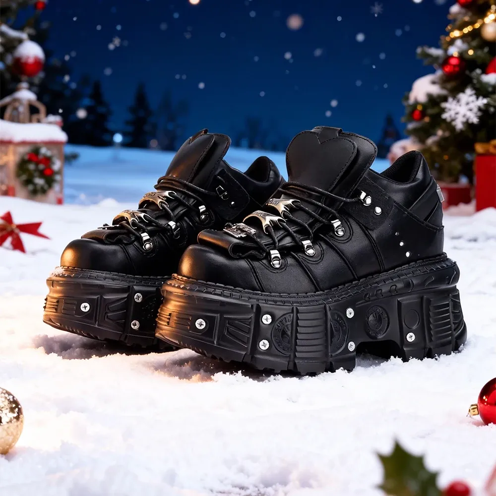 2025 Punk Gothic Rock Metal Decor Lace-up Ankle Boots for Women, 6cm Heel Platform Sneakers, Stylish Women's Fashion Footwear thumbnail 1