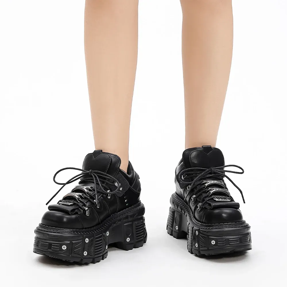 2025 Punk Gothic Rock Metal Decor Lace-up Ankle Boots for Women, 6cm Heel Platform Sneakers, Stylish Women's Fashion Footwear thumbnail 4