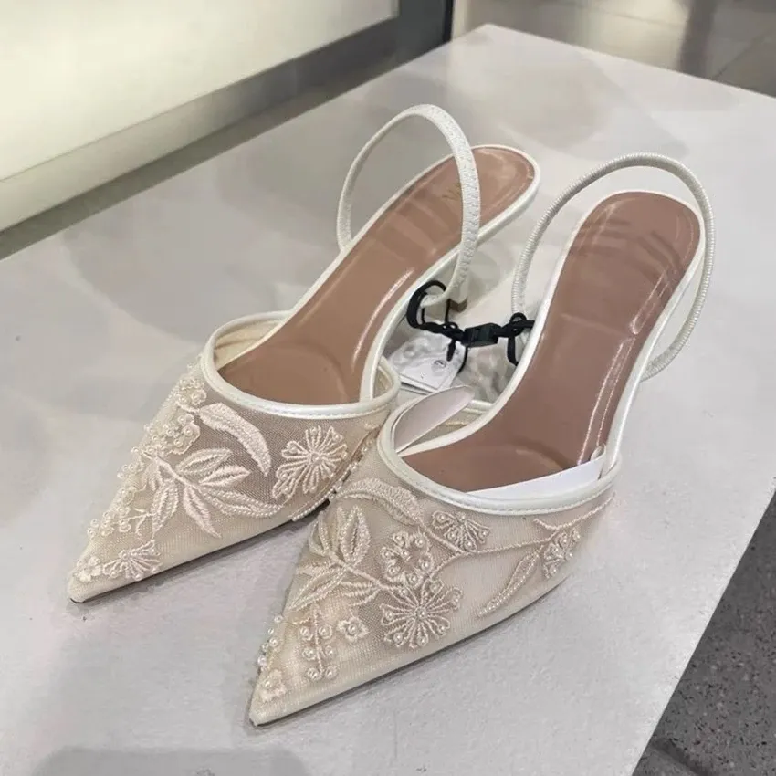 Women's White Mesh Embroidered Flower Slingback Heels - 7.5cm Block Heel Sexy Dress Wedding Shoes for Ladies thumbnail 1