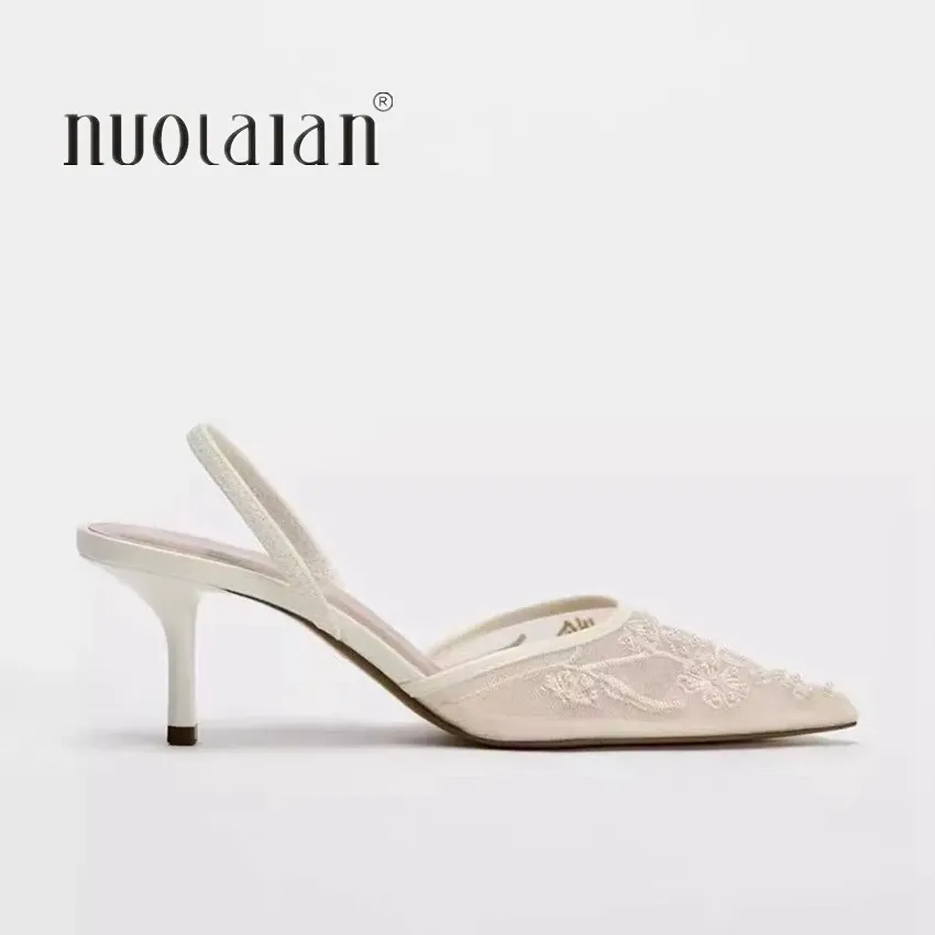 Women's White Mesh Embroidered Flower Slingback Heels - 7.5cm Block Heel Sexy Dress Wedding Shoes for Ladies showcase 2