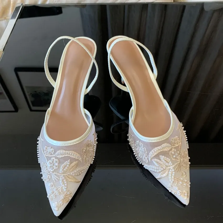 Women's White Mesh Embroidered Flower Slingback Heels - 7.5cm Block Heel Sexy Dress Wedding Shoes for Ladies showcase 4