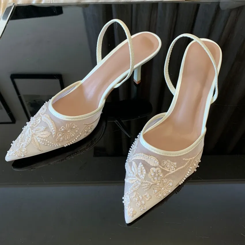 Women's White Mesh Embroidered Flower Slingback Heels - 7.5cm Block Heel Sexy Dress Wedding Shoes for Ladies showcase 7