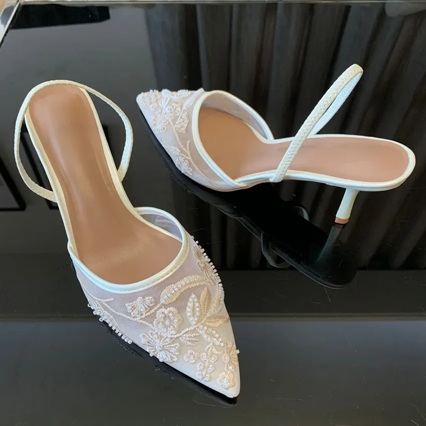 Women's White Mesh Embroidered Flower Slingback Heels - 7.5cm Block Heel Sexy Dress Wedding Shoes for Ladies thumbnail 4