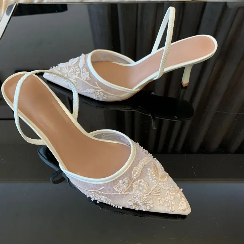 Women's White Mesh Embroidered Flower Slingback Heels - 7.5cm Block Heel Sexy Dress Wedding Shoes for Ladies showcase 6