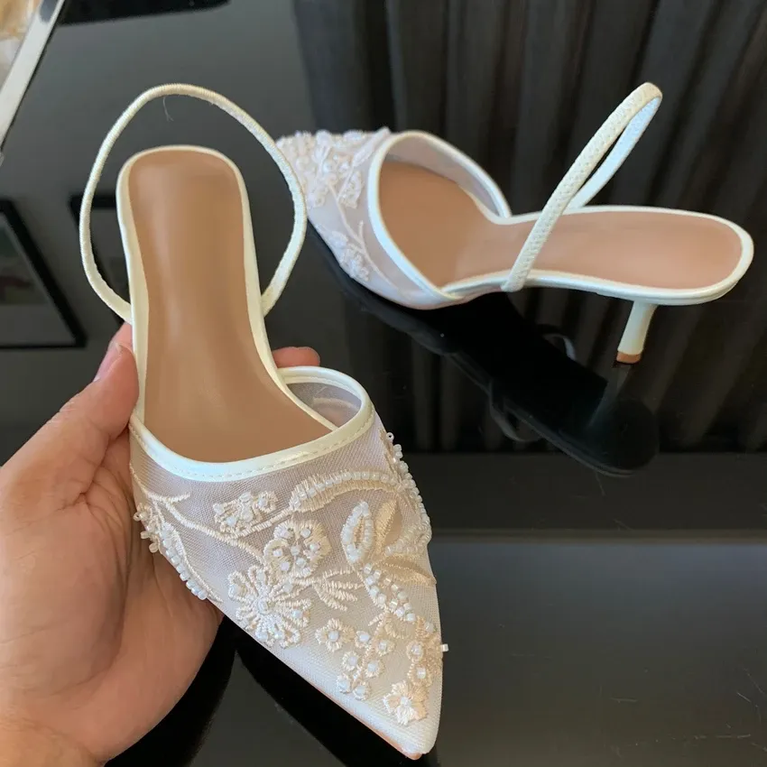 Women's White Mesh Embroidered Flower Slingback Heels - 7.5cm Block Heel Sexy Dress Wedding Shoes for Ladies thumbnail 5