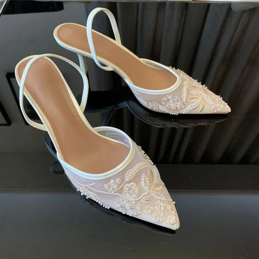 Women's White Mesh Embroidered Flower Slingback Heels - 7.5cm Block Heel Sexy Dress Wedding Shoes for Ladies showcase 3