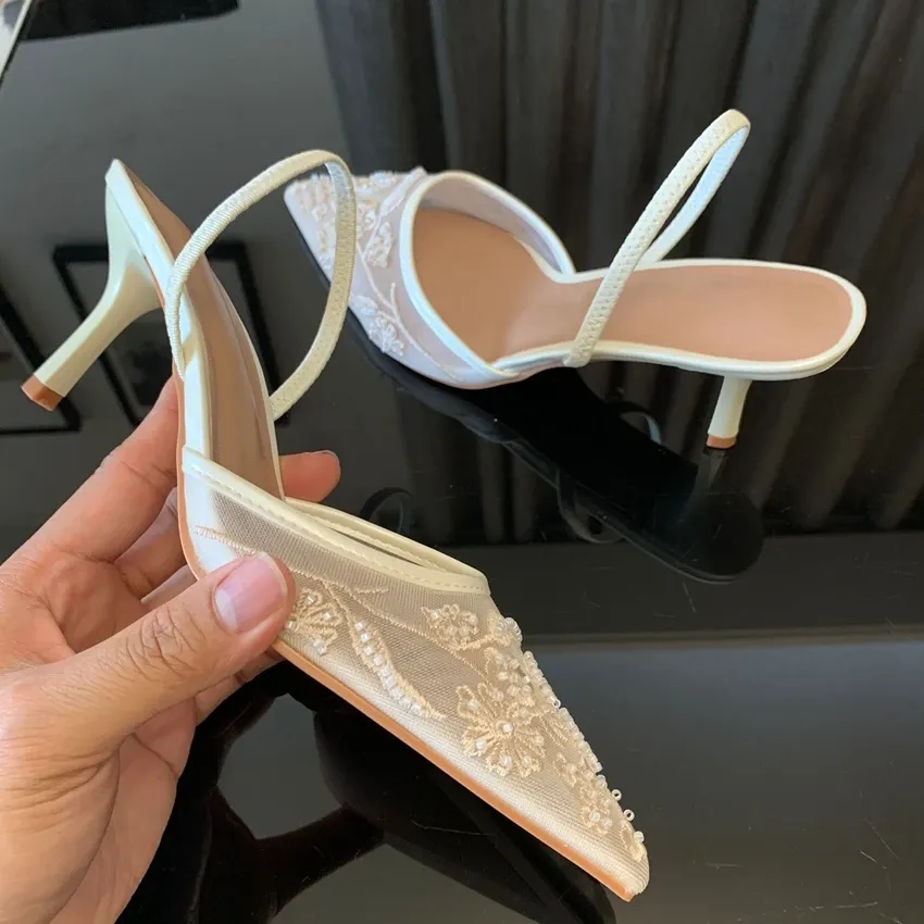 Women's White Mesh Embroidered Flower Slingback Heels - 7.5cm Block Heel Sexy Dress Wedding Shoes for Ladies showcase 9