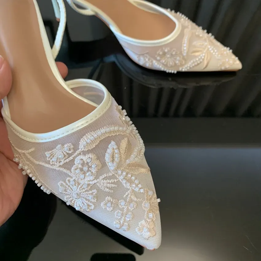 Women's White Mesh Embroidered Flower Slingback Heels - 7.5cm Block Heel Sexy Dress Wedding Shoes for Ladies showcase 10