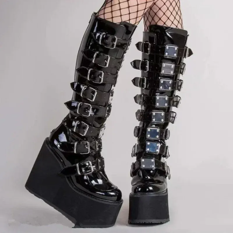Gothic Platform Wedge Boots for Women - High Heel Buckle Strap Leather Long Tube Cosplay Boots for Ladies thumbnail 1