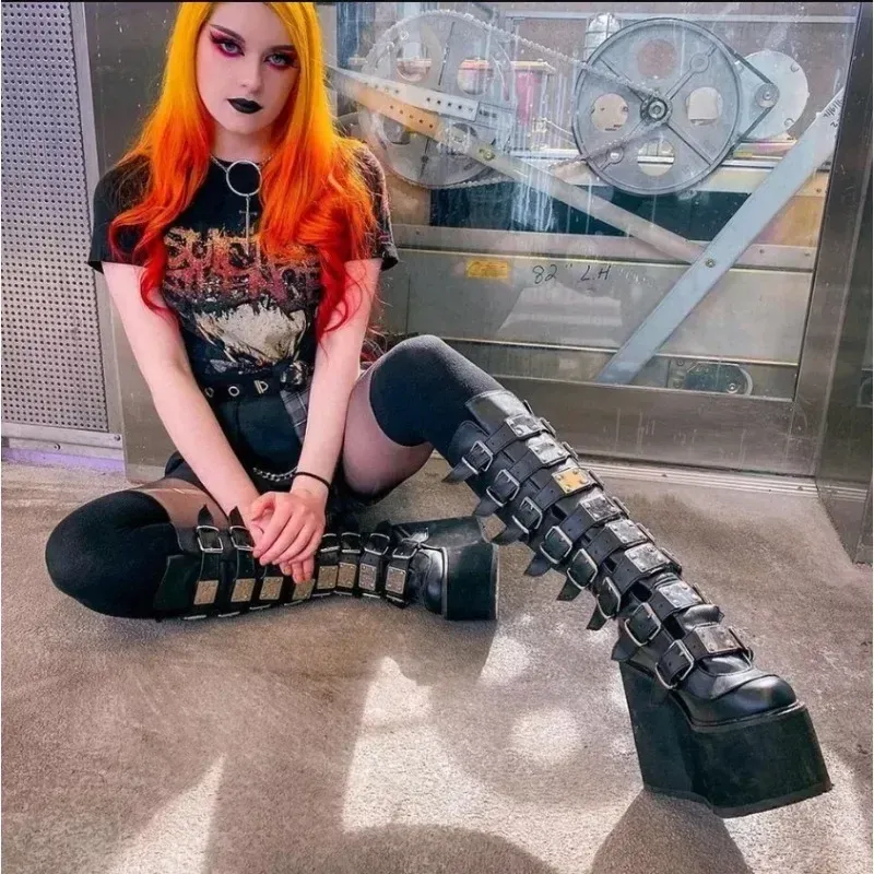 Gothic Platform Wedge Boots for Women - High Heel Buckle Strap Leather Long Tube Cosplay Boots for Ladies thumbnail 2