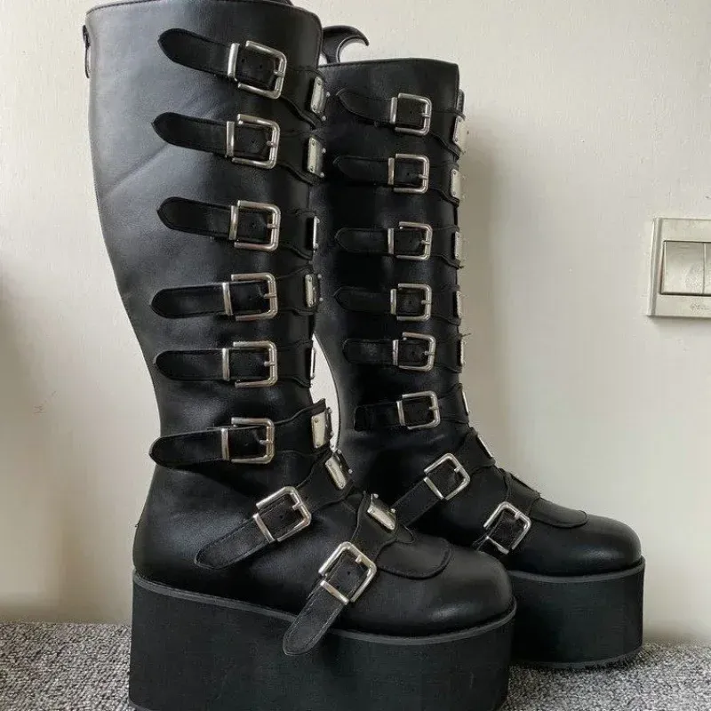 Gothic Platform Wedge Boots for Women - High Heel Buckle Strap Leather Long Tube Cosplay Boots for Ladies thumbnail 6