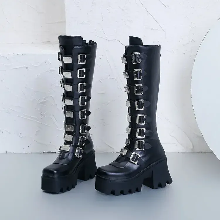 Gothic Platform Wedge Boots for Women - High Heel Buckle Strap Leather Long Tube Cosplay Boots for Ladies showcase 14