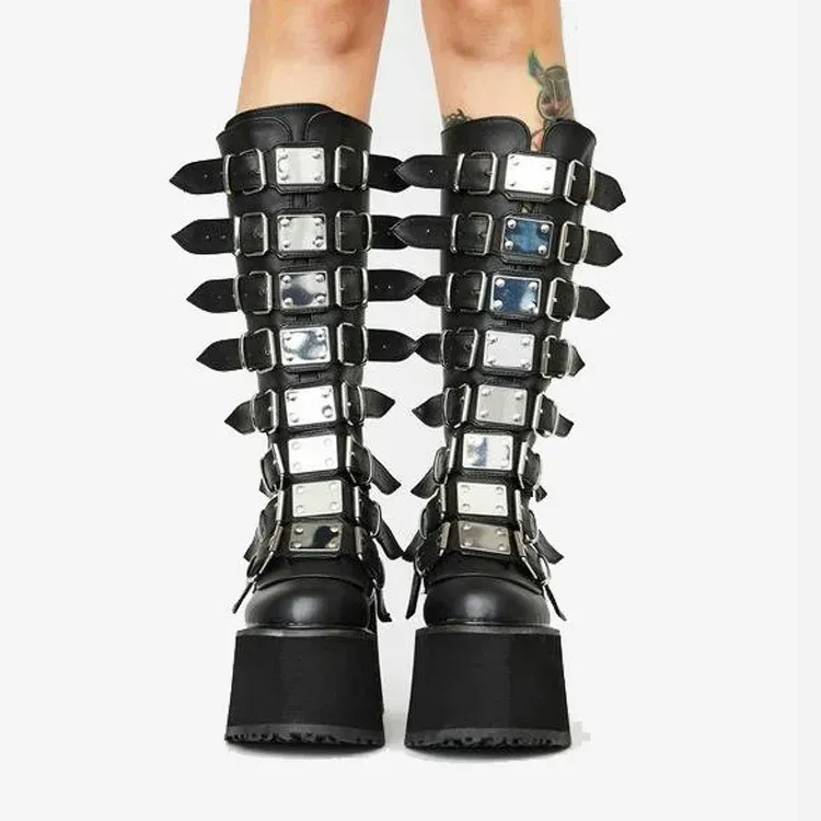 Gothic Platform Wedge Boots for Women - High Heel Buckle Strap Leather Long Tube Cosplay Boots for Ladies showcase 13