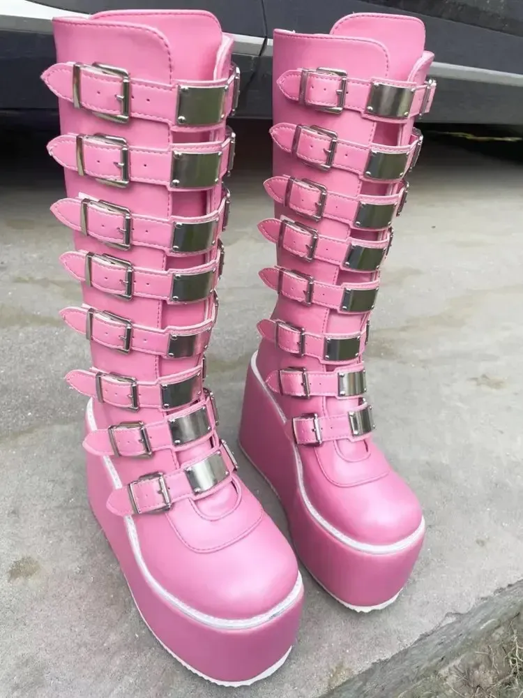Gothic Platform Wedge Boots for Women - High Heel Buckle Strap Leather Long Tube Cosplay Boots for Ladies showcase 7