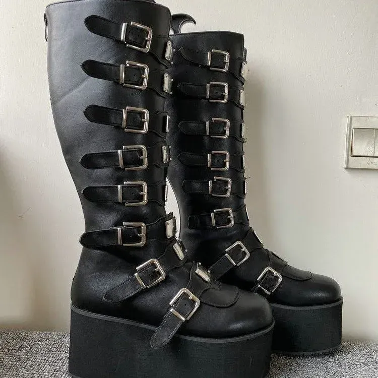 Gothic Platform Wedge Boots for Women - High Heel Buckle Strap Leather Long Tube Cosplay Boots for Ladies showcase 18