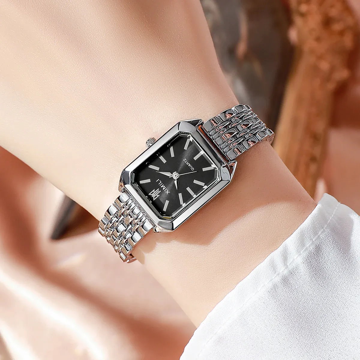 Elegant Rectangle Women's Quartz Watch - Luxury Stainless Steel Band Ladies Dress Wristwatch, Fashionable Design, Accurate Timekeeping, CE Certified showcase 12