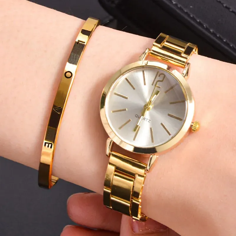 Luxury Women's Fashion Gold Bracelet Quartz Watch Set - Simple Dial Hollow Strap, Ideal for Students and Ladies, Elegant Casual Wristwatch thumbnail 1